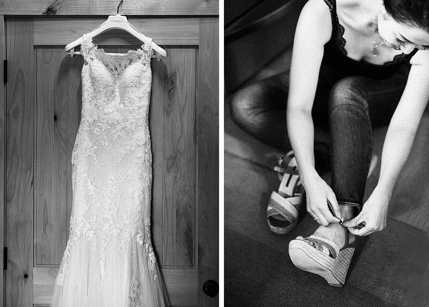 a wedding dress hanging from a door and a bride is putting her shoes on