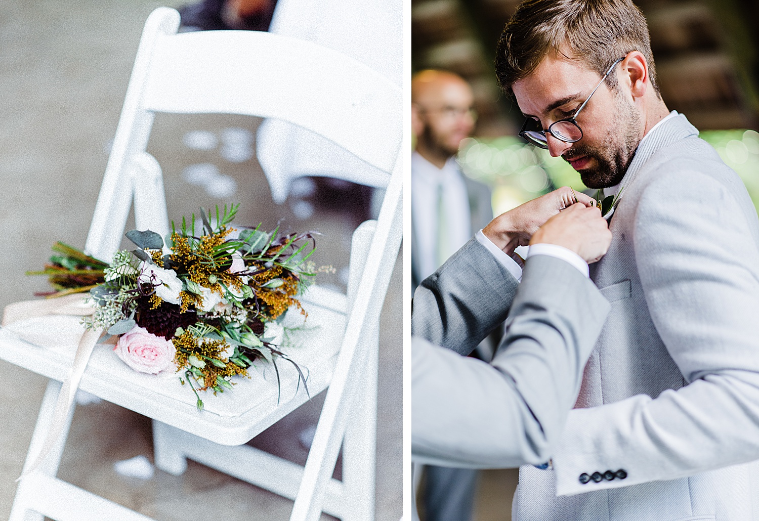a bouquet is laying on a white chair and a groom is putting his boutonnières on