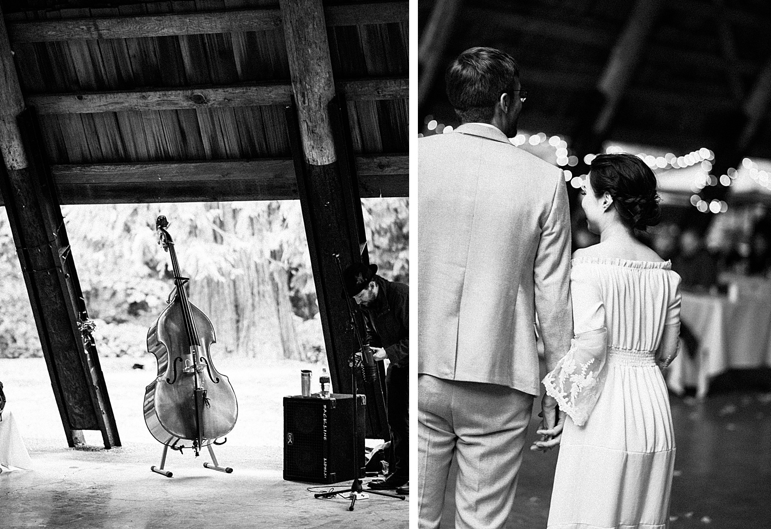 a cello at a wedding ceremony with bride and groom standing next to it